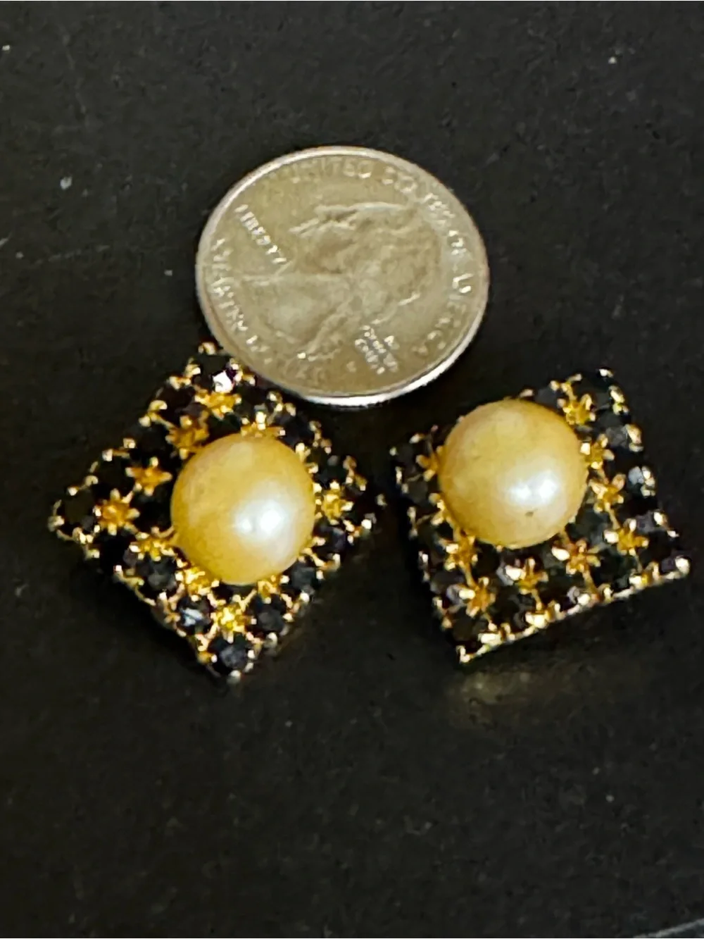 Vintage Gold and Black Pearl Accent Square Clip-On Earrings